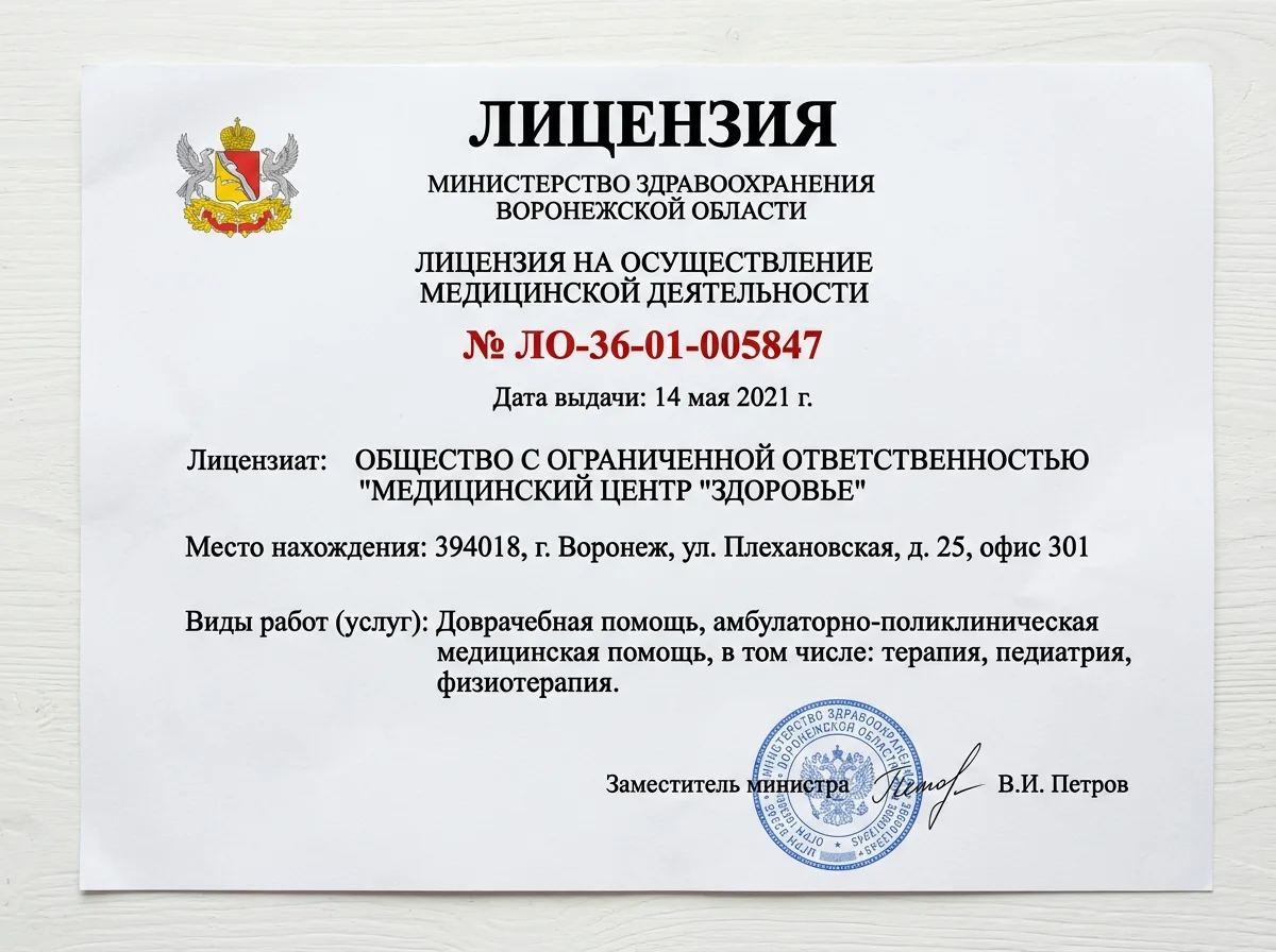 Скан лицензии Министерства здравоохранения Воронежской области на медицинскую деятельность № ЛО-36-01-005847 — официальный документ на белом фоне с печатью