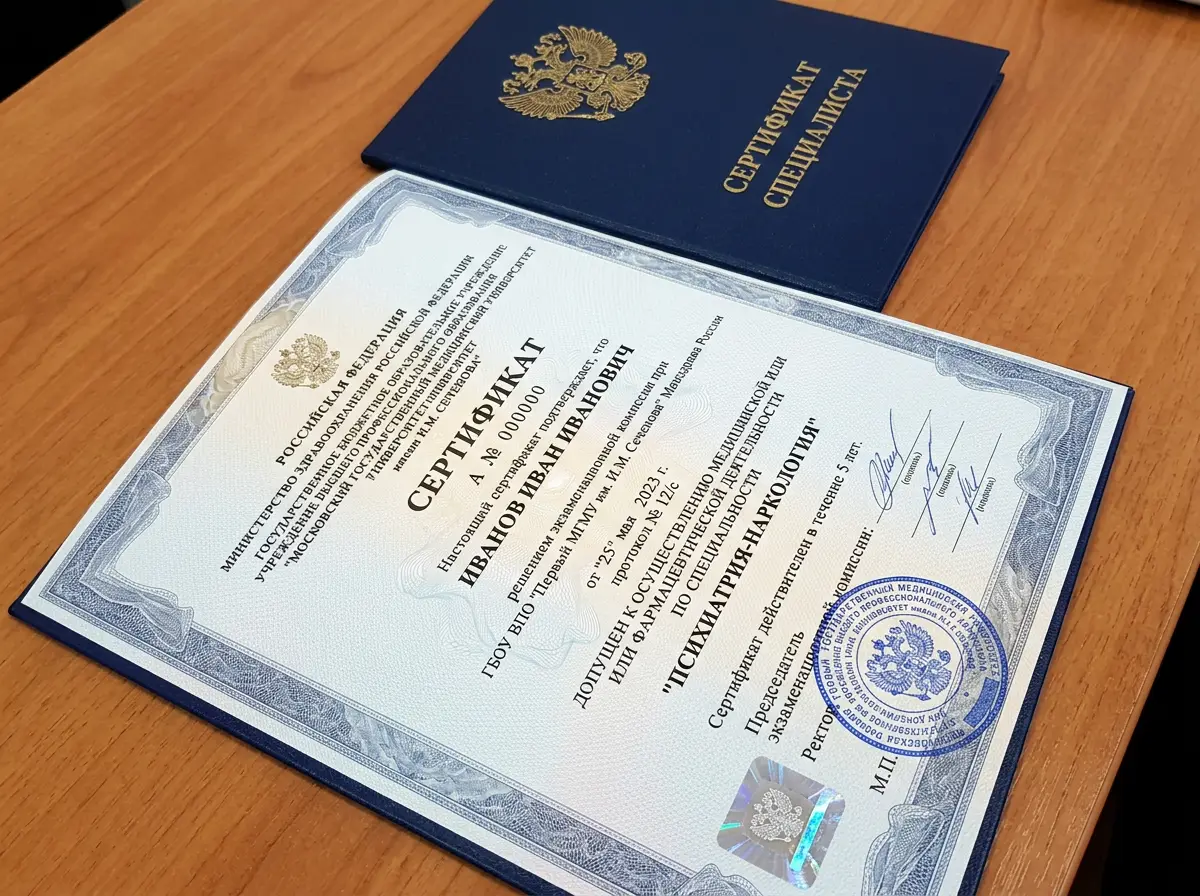 Сертификат специалиста врача-нарколога по специальности психиатрия-наркология — документ с печатью медицинского учреждения